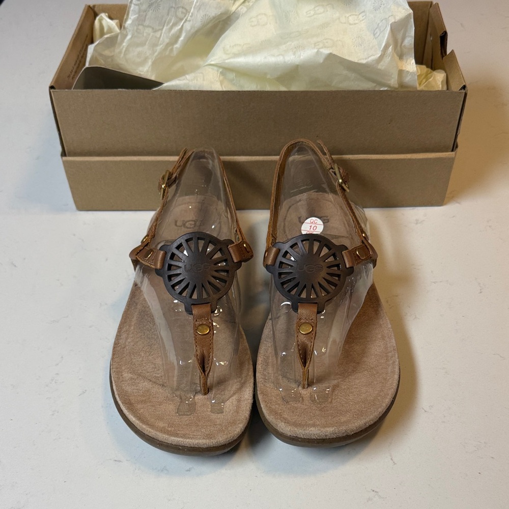 UGG Tan Leather T-Strap Sandals with Decorative Wheel Medallion